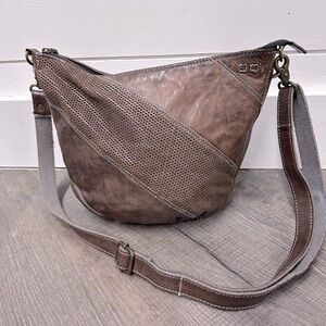 Bed Stu Brown Leather Adjustable Crossbody Bag, Perforated Patchwork, Retail 198